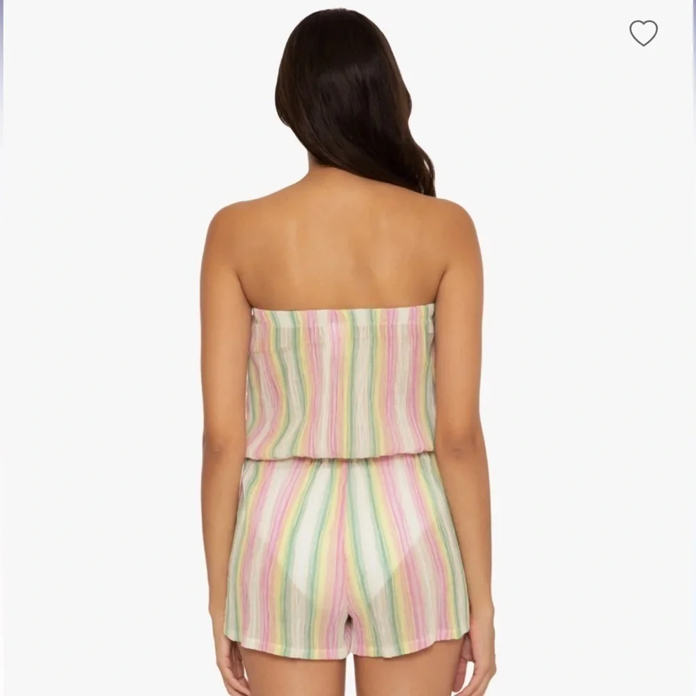 NWT BECCA Size Medium Marbella Stripes Strapless Sheer Short Romper Pink Yellow - Picture 12 of 12